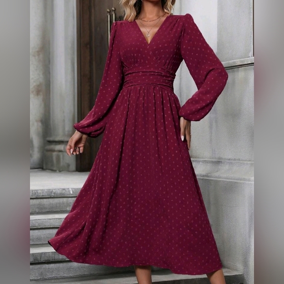 NEW Flowy Swiss Dot Ruched Waist Lantern Sleeve Dress Burgundy Red - Picture 2 of 8